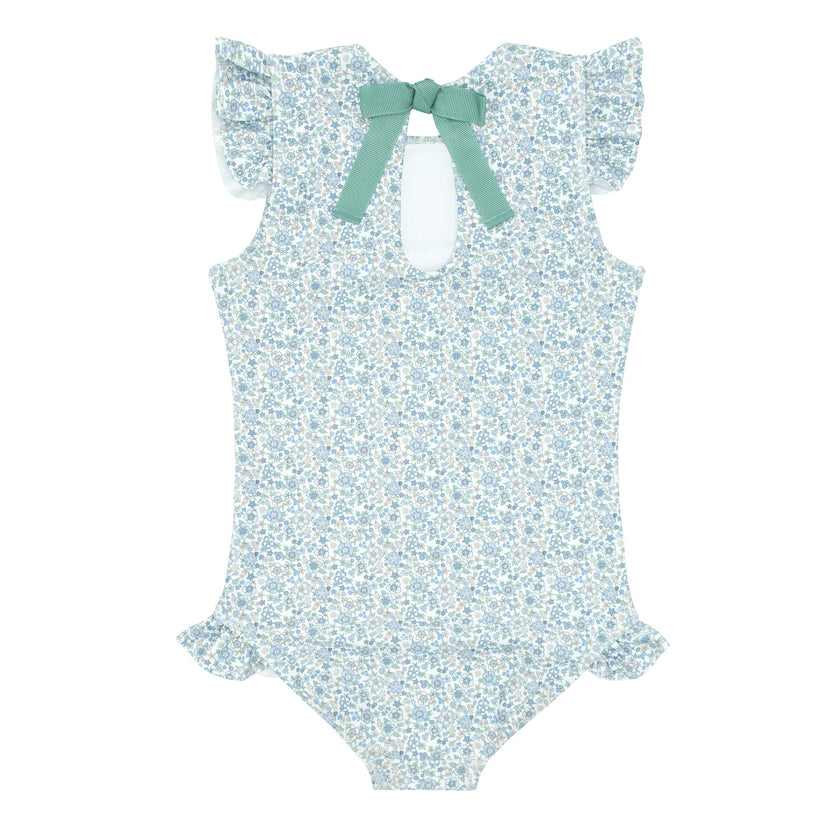 Girls Slate Floral Ruffle Sleeve Rashguard One Piece