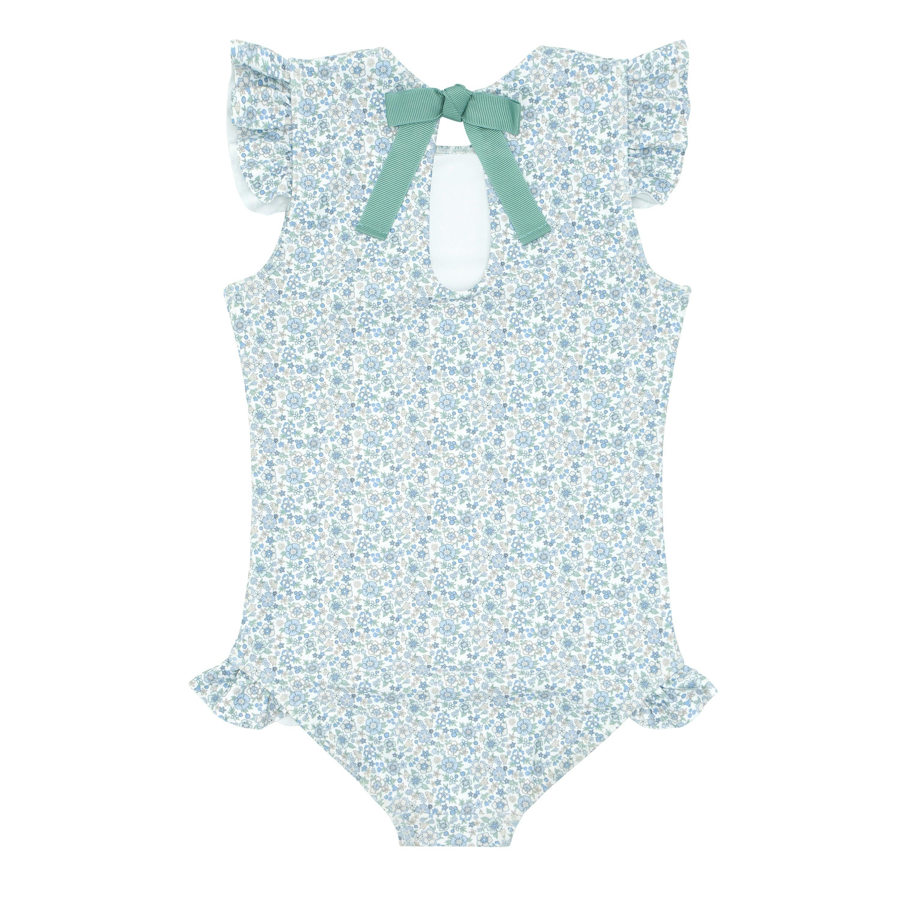 Girls Slate Floral Ruffle Sleeve Rashguard One Piece