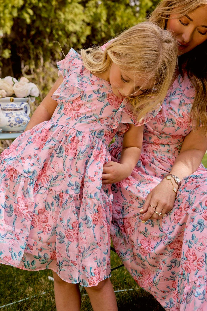 Mini Trixie Dress in Pink Sketched Flower Chiffon
