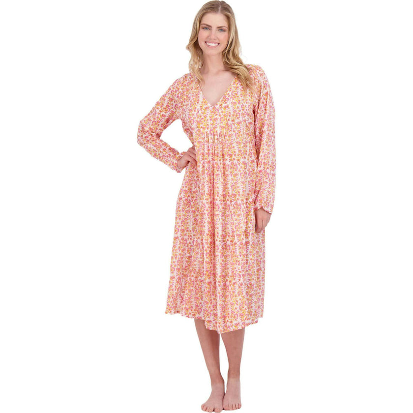 Women's Poppy Block Print V-Neck Fit-N-Flare Long Sleeve Caftan  Dress, Pink