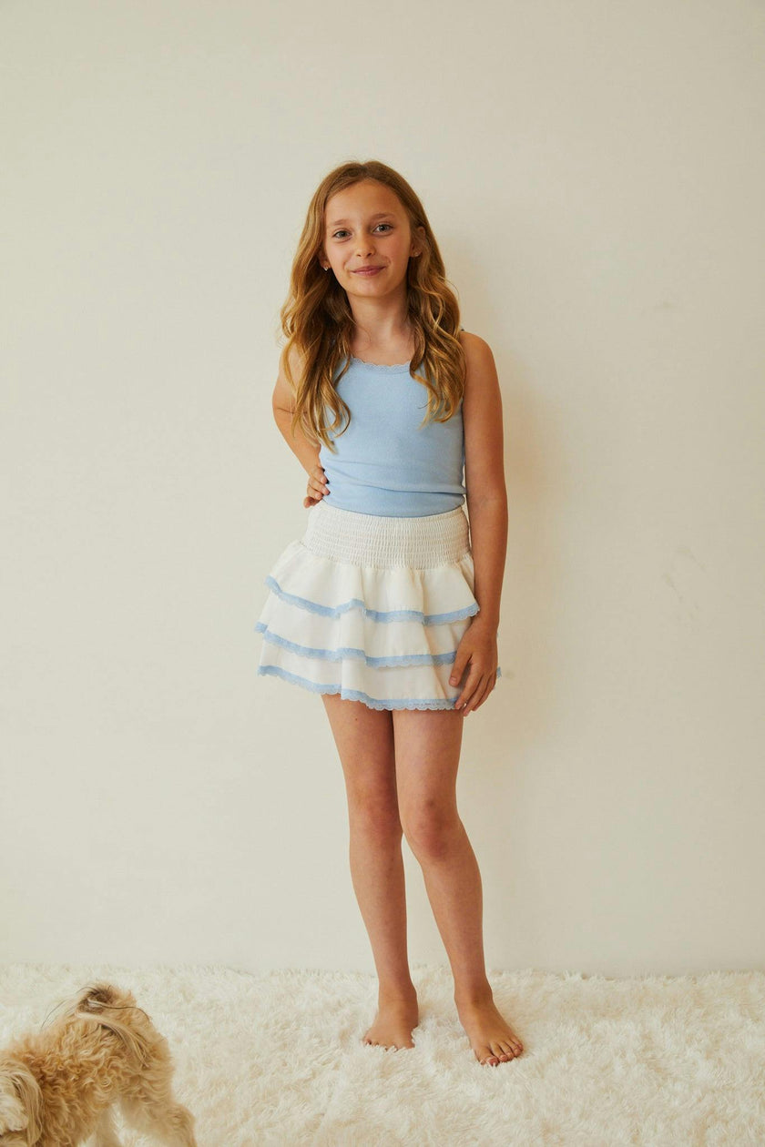 Gemma White With Blue Lace Satin Mini Skirt