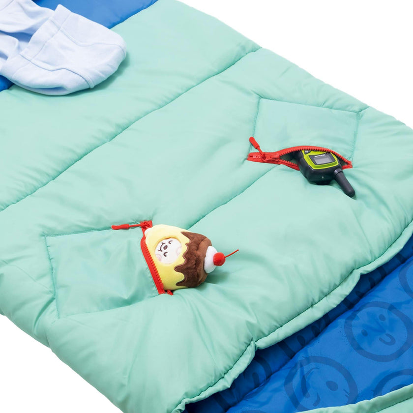 Sleep-N-Pack™ – Big Kid Size | Color Block Camp Collection: Blue Smile Face
