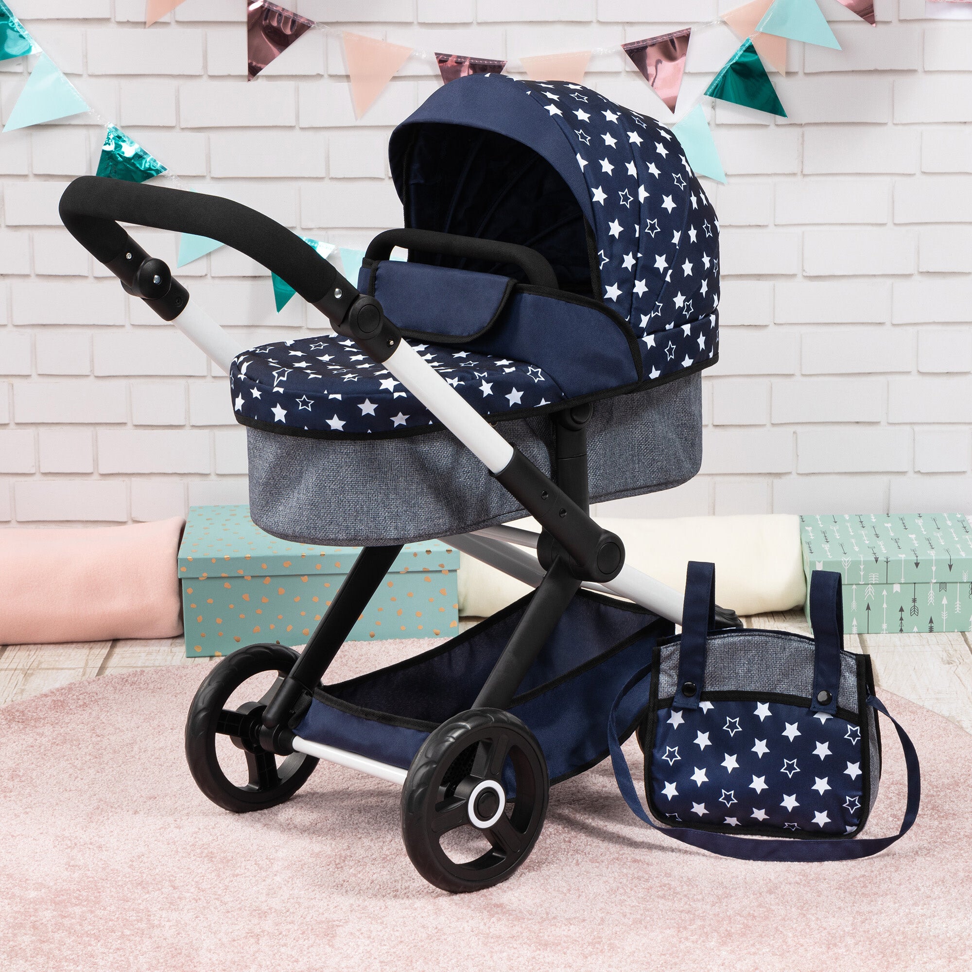 Bayer Design Dolls: Pram Xeo - Blue & White Stars