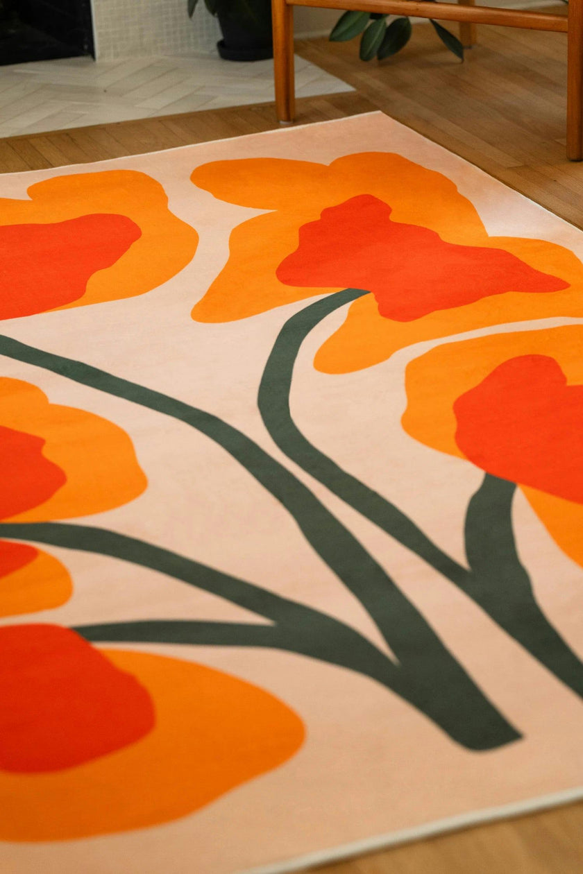 Orange Abstract Floral Sprig Rug by Sophie Deller