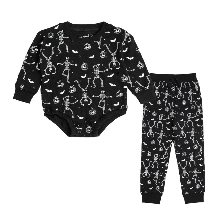 Glow In The Dark Silly Skelly Halloween Long Sleeve Romper & Jogger Set
