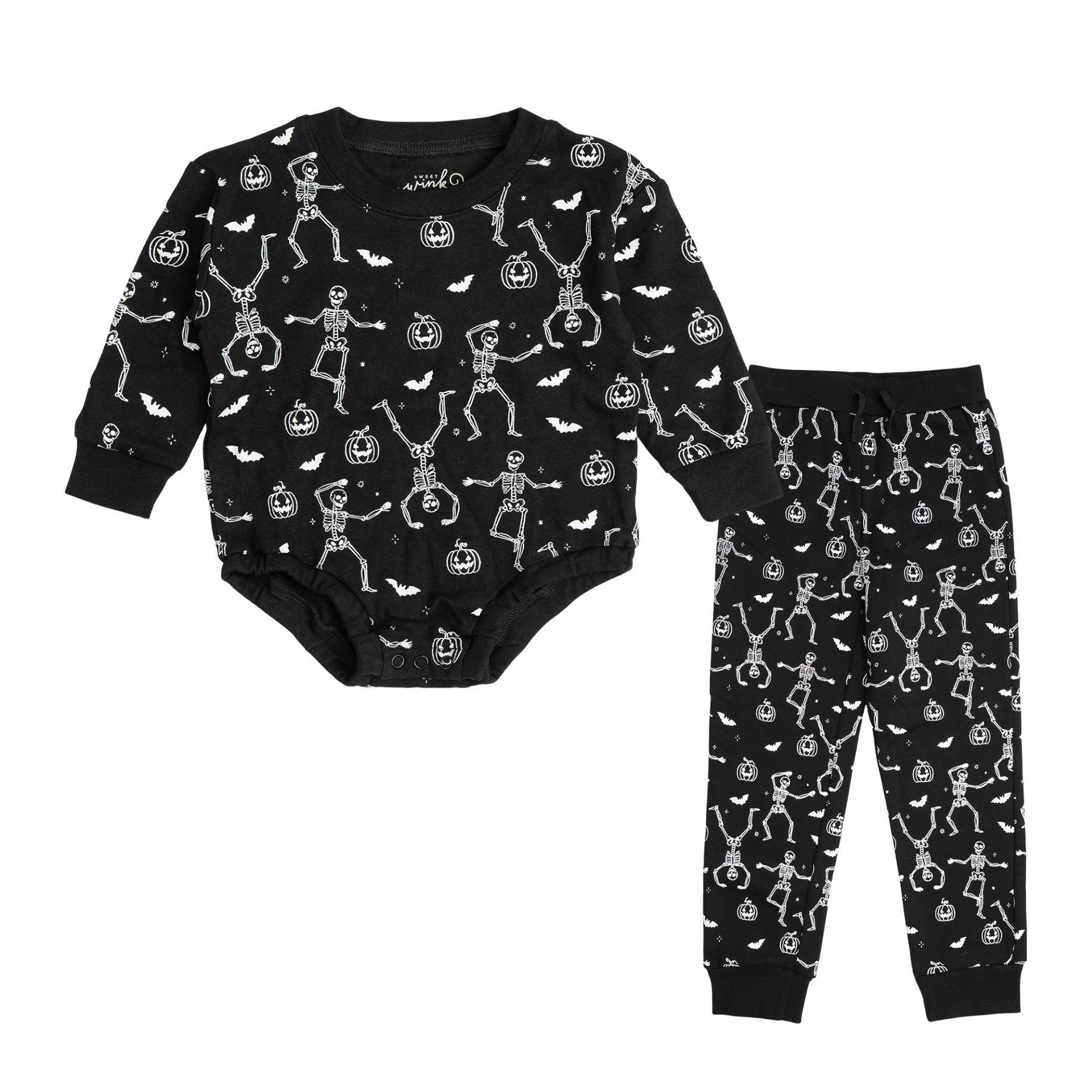 Glow In The Dark Silly Skelly Halloween Long Sleeve Romper & Jogger Set