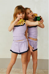 Teddy Lavender Heart Pointelle Shorts with Navy Lace