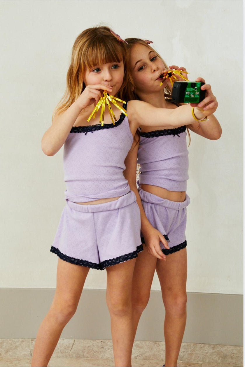 Teddy Lavender Heart Pointelle Shorts with Navy Lace