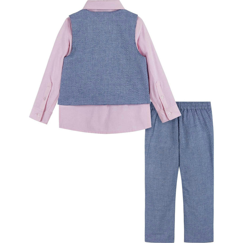Boys (2-3) Seersucker Vest Suit Set | Blue & Pink