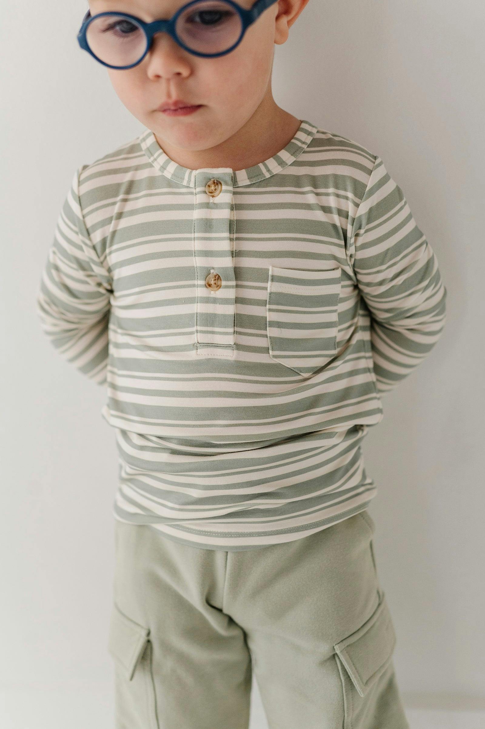 Boys Long Sleeve Henley Shirt in Sage Stripe