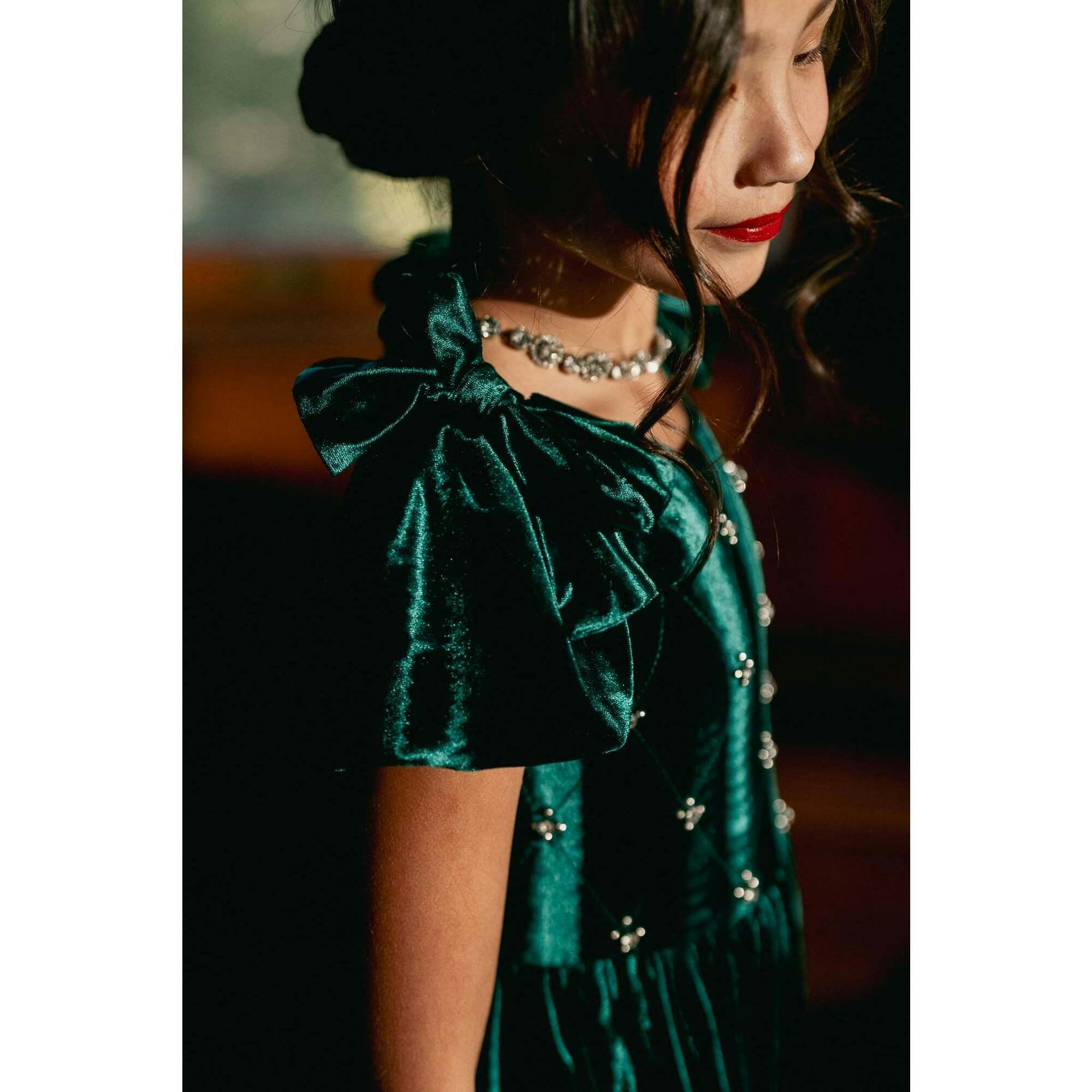 Mini Tiara Dress in Green Velvet
