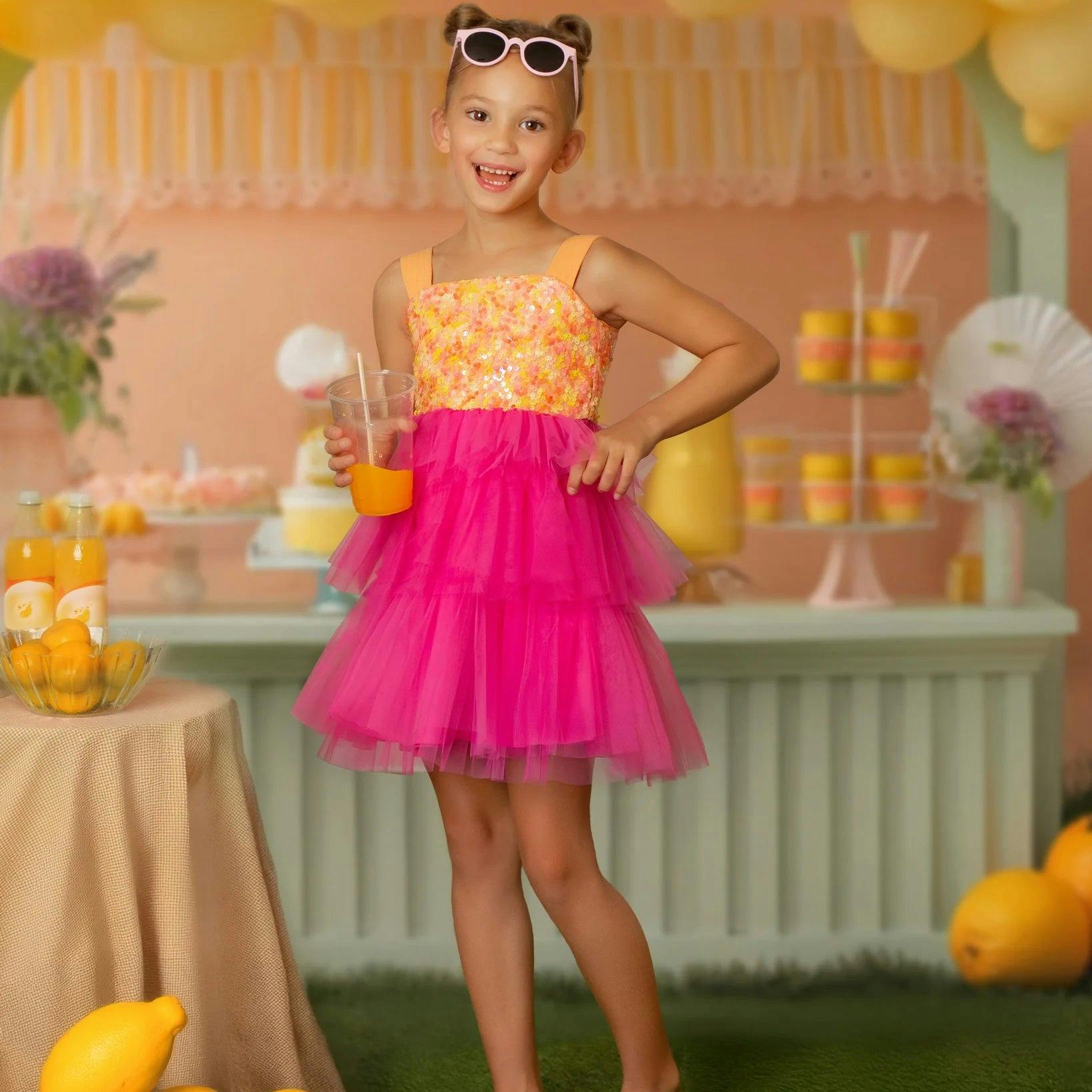 Pink Lemonade Sequin Tiered Tulle Birthday Dress for Girls