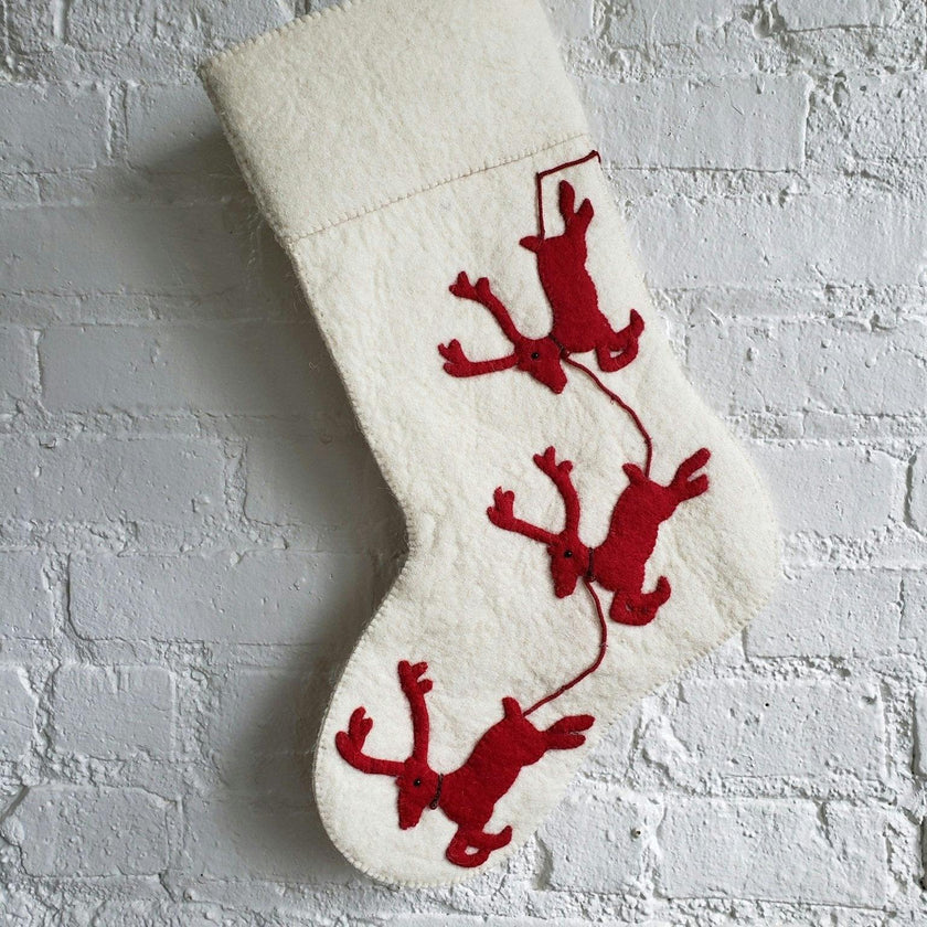 Handmade Christmas Stocking Cream Reindeer Red Arcadia Home