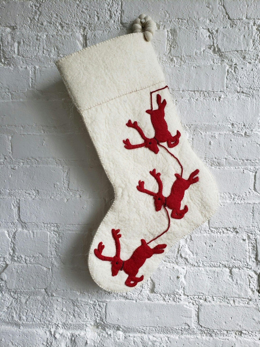 Handmade Christmas Stocking Cream Reindeer Red
