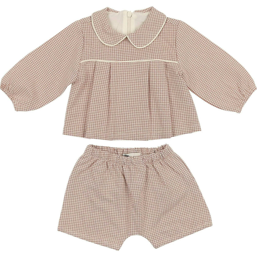 Baby Lurex Check Piped Peter Pan Collar Shirt & Short Set