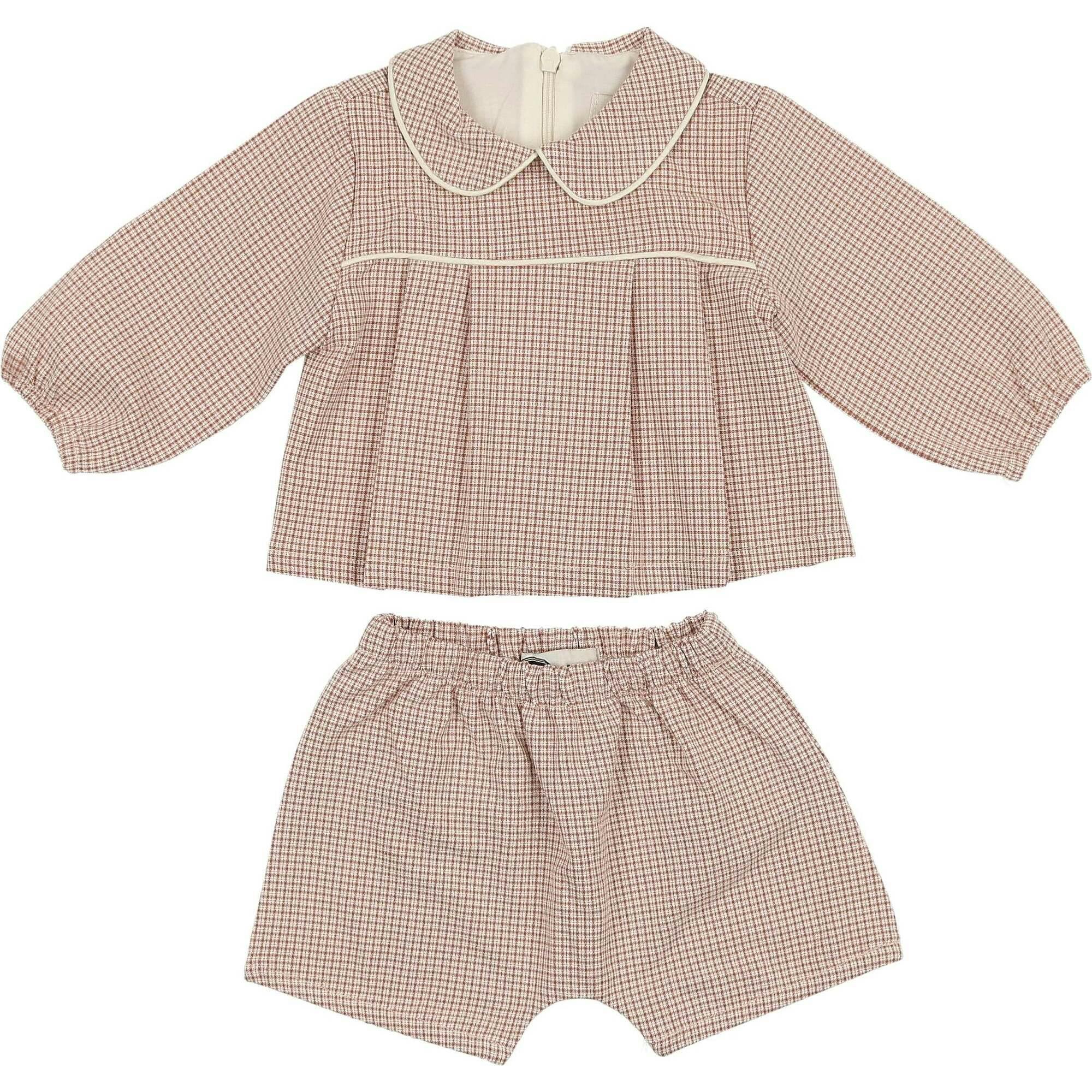 Baby Lurex Check Piped Peter Pan Collar Shirt & Short Set