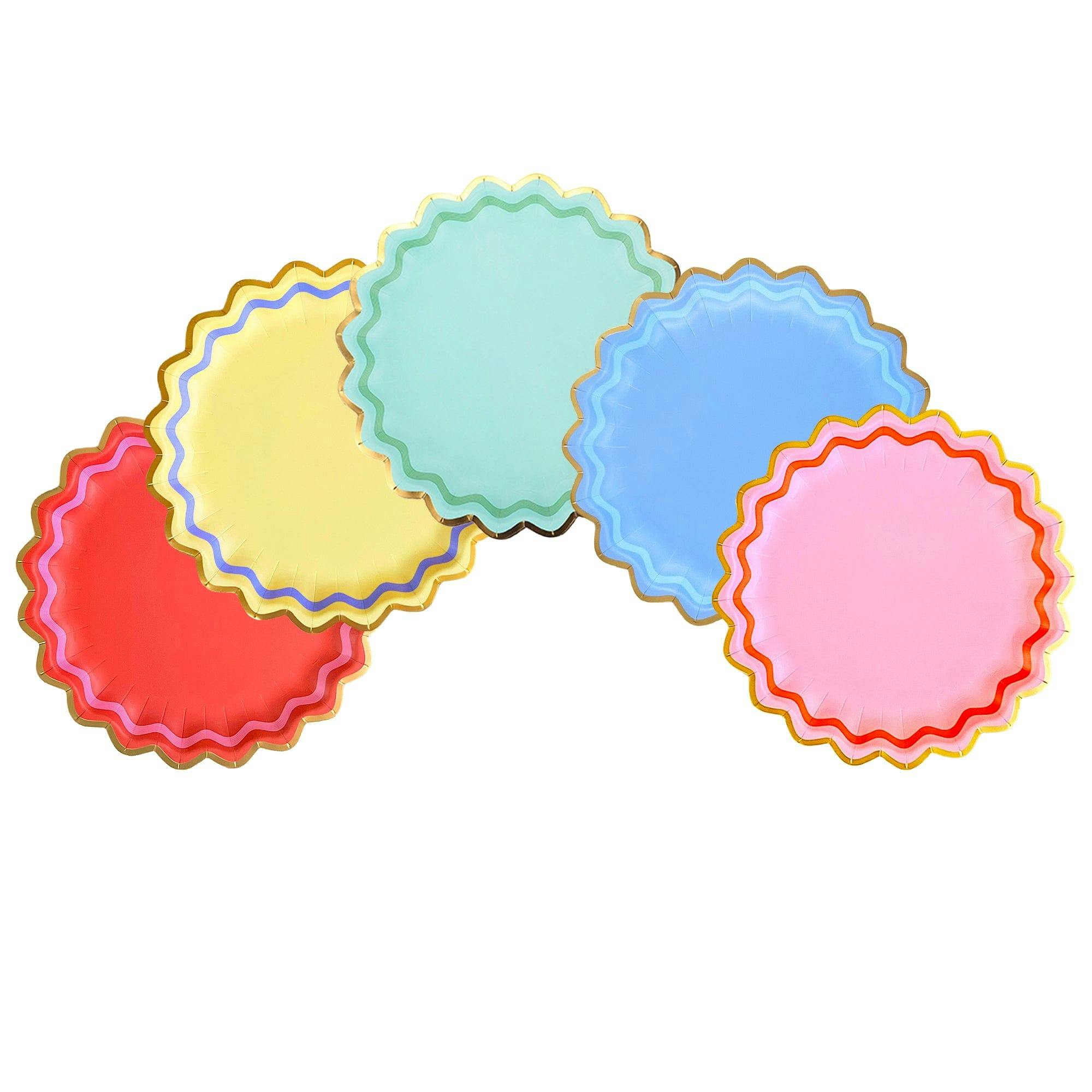 Packed Party Rainbow Ric Rac 10ct Paper Dinner Plates | Gold Foil Scalloped 5-Color Mix Party Plates |10 Inch Birthday Plates