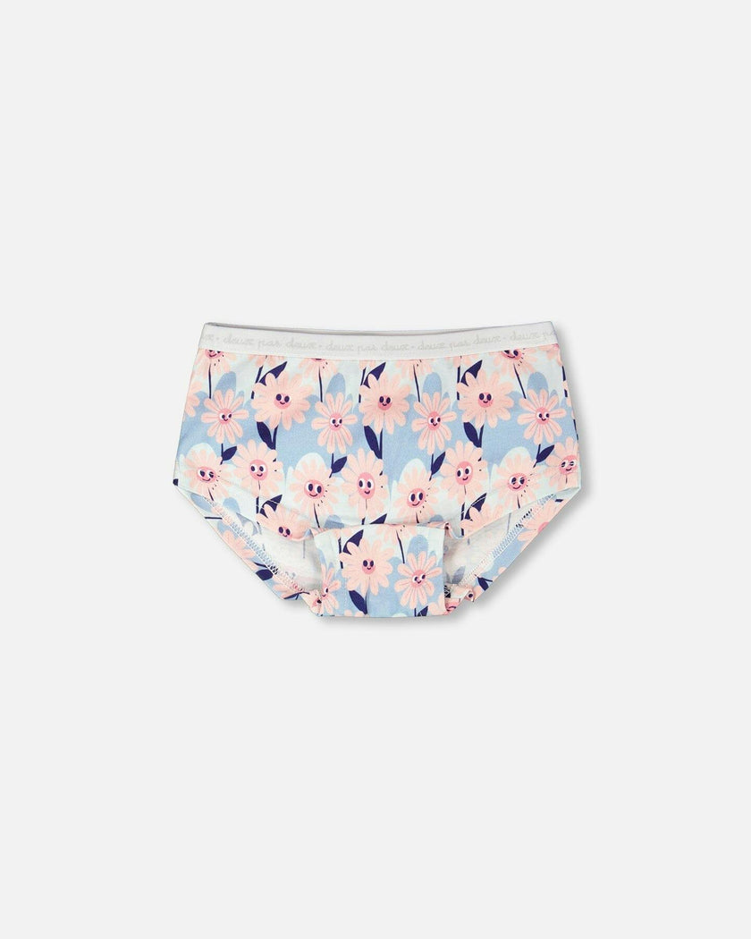 Organic Cotton Boyshort Panty Blue Smiling Flower Print