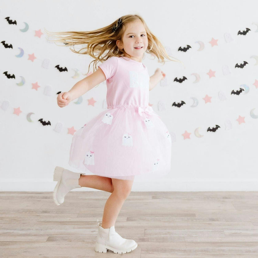 Boo Sequin Patch Halloween Short Sleeve Tutu Dress