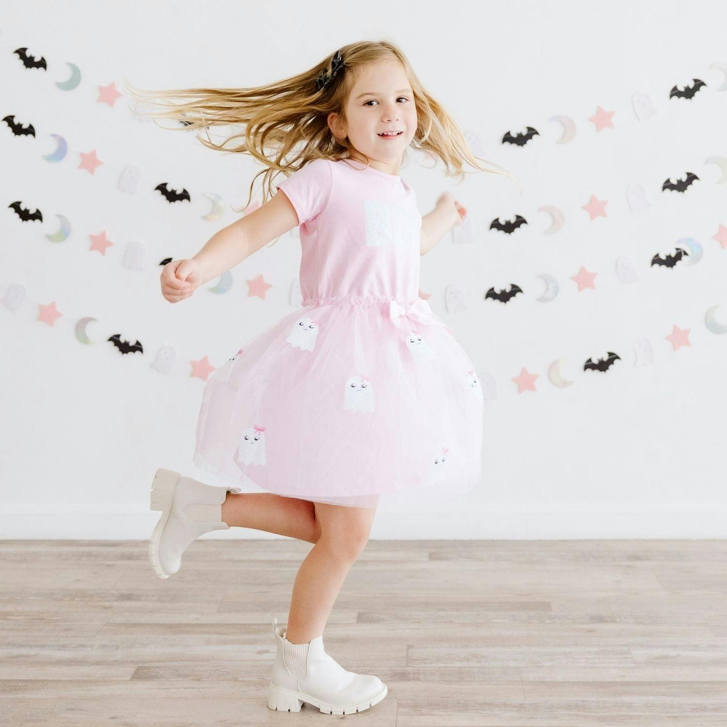 Boo Sequin Patch Halloween Short Sleeve Tutu Dress