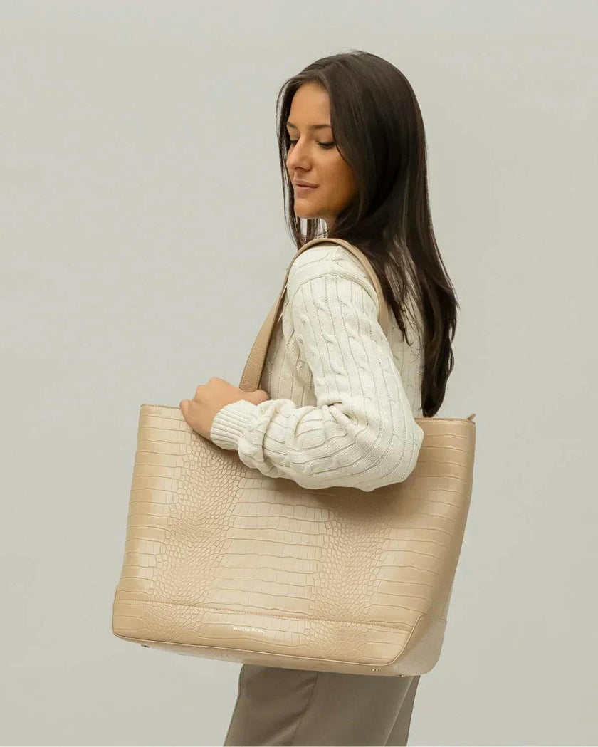 Vegan Leather Work Tote Bag with Removable Insulated Pouch, Cream Croc