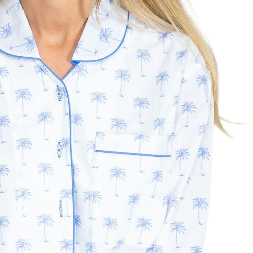 Women's Blue Palm Tree Night Shirt - Organic Cotton Poplin