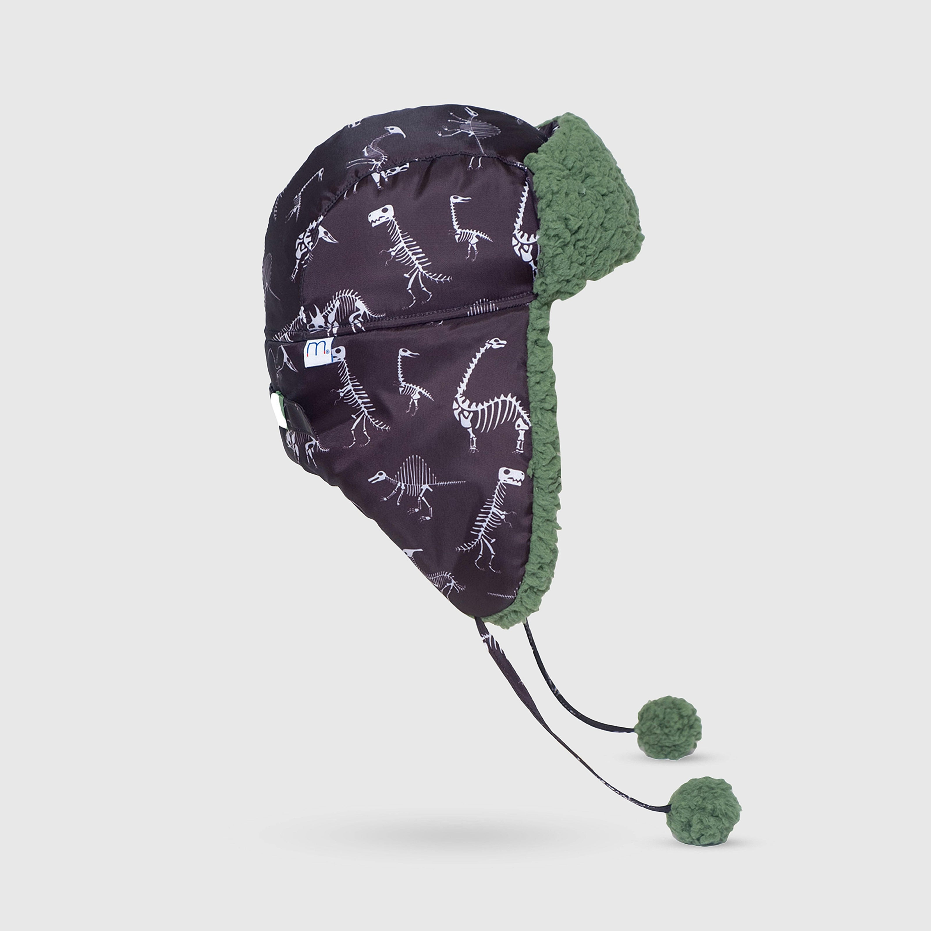 The Cozy Trapper – Dino Bones Print with Katydid Green Sherpa Liner & Pompoms