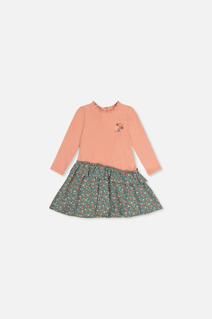 Baby Bi-Material Dress Pale Pink And Green Floral Print