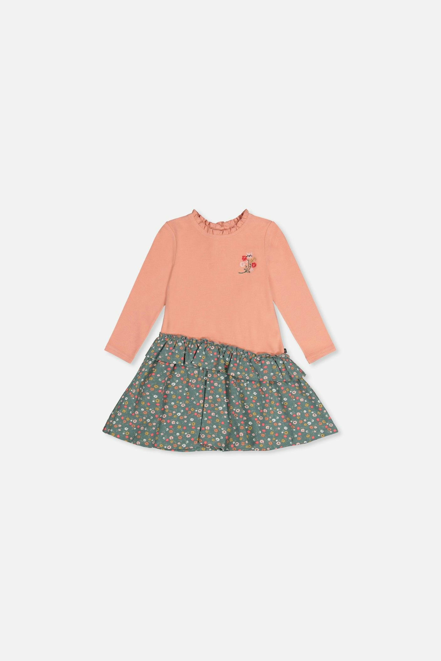 Baby Bi-Material Dress Pale Pink And Green Floral Print