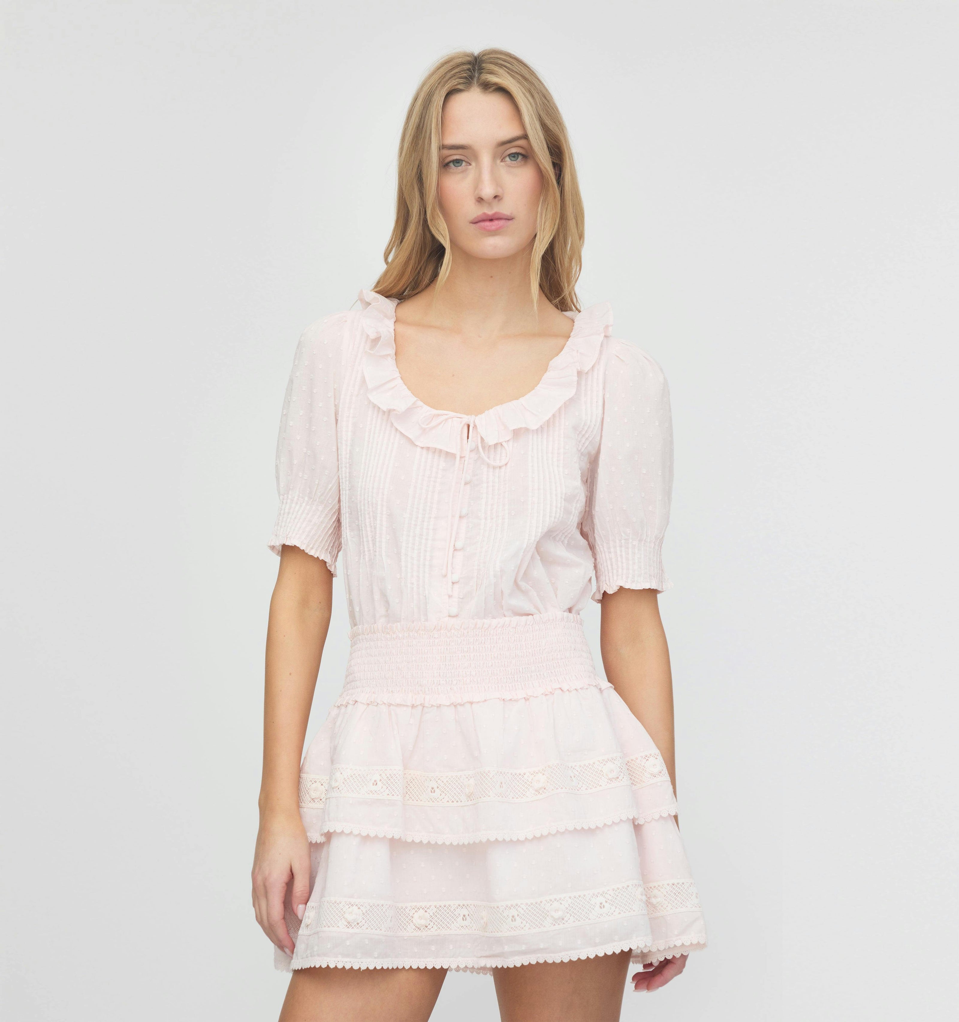 The Meena Skirt - Powder Pink Swiss Dot
