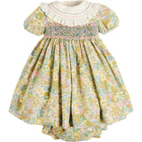 Charlotte Floral Hand Smocked Embroidered Collar Short Sleeve Dress With Bloomers in Green (6mths-3yrs)