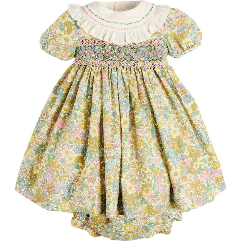 Charlotte Floral Hand Smocked Embroidered Collar Short Sleeve Dress With Bloomers in Green (6mths-3yrs)