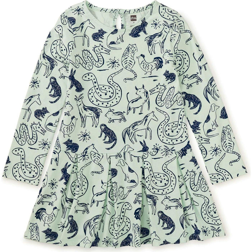Long Sleeve Pleated Skater Dress, Green