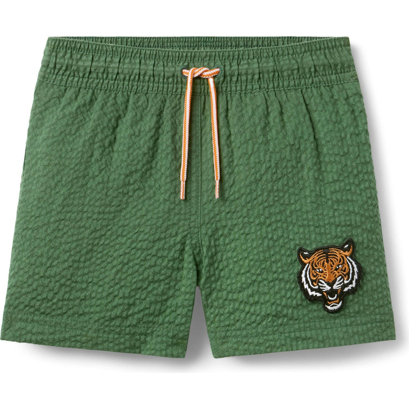 Recycled Seersucker Tiger Swim Trunk, Green