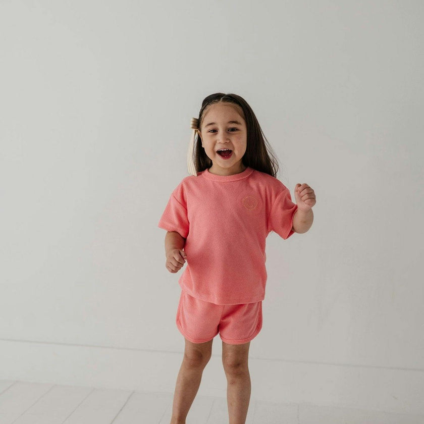 Girls Short Sleeve Cotton Terry Set in Strawberry Ice