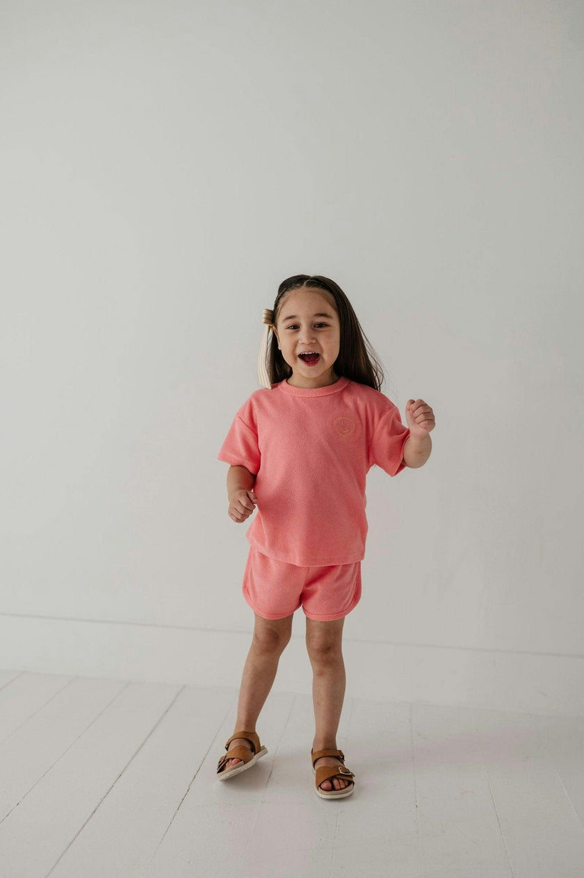 Girls Short Sleeve Cotton Terry Set in Strawberry Ice