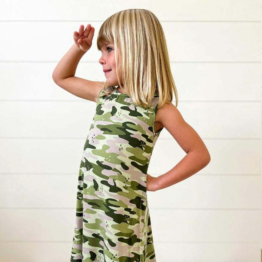 Green Camo Bamboo Girls' Sleeveless Dress