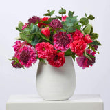 Real Touch Fuchsia Scabiosa, Lisianthus & Thistle Spring Arrangement in Horizontal Groove Cement Vase