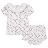 Pointelle With Flower Print 2 PCS Short Set With Ruffle Collar