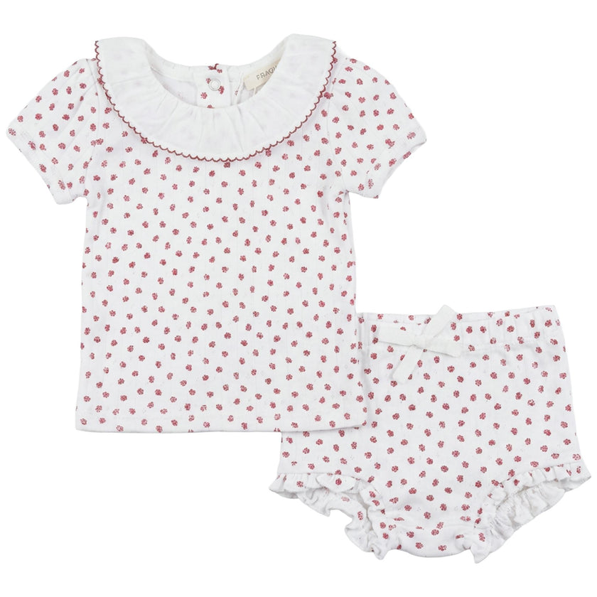 Pointelle With Flower Print 2 PCS Short Set With Ruffle Collar