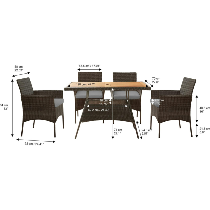 Outdoor 5-Piece Rattan and Acacia Wood Patio Dining Set with Four Chairs