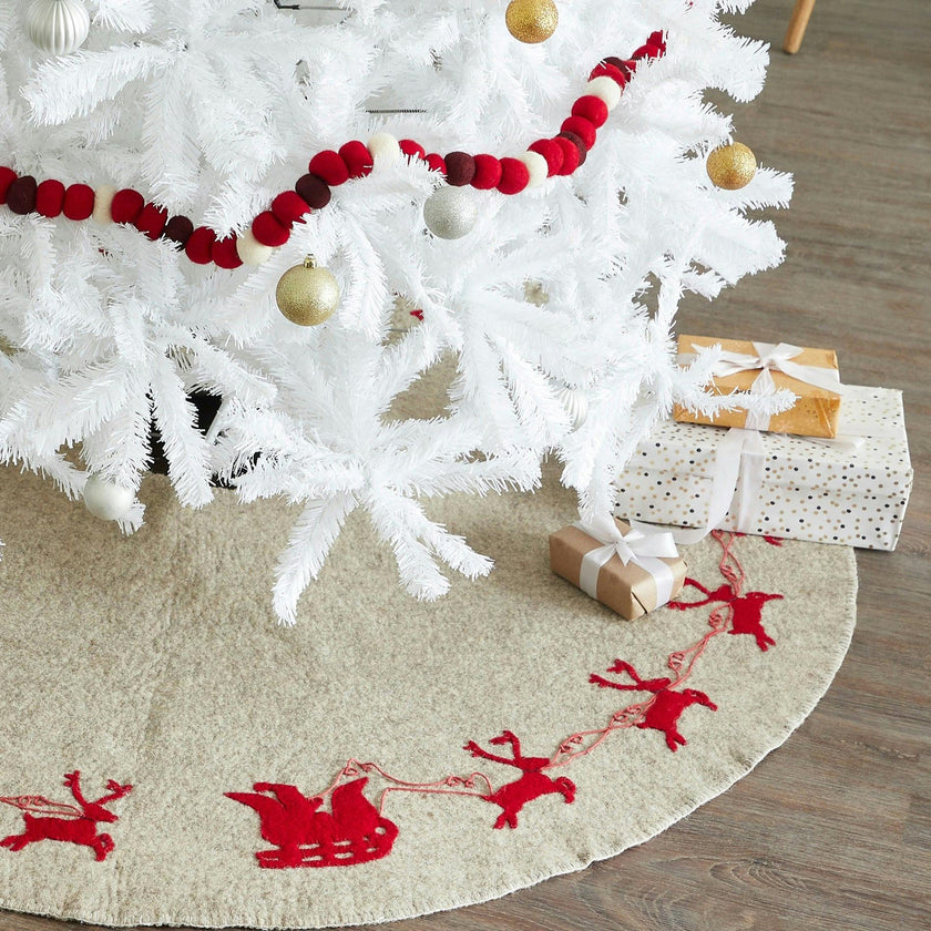 Handmade Reindeer Christmas Tree Skirt- Grey Red Reindeer And Cream Whip Stitch-72" Arcadia Home