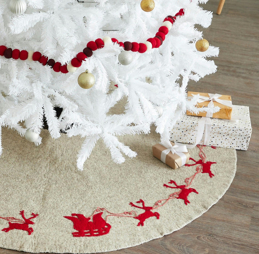 Handmade Reindeer Christmas Tree Skirt- Grey Red Reindeer And Cream Whip Stitch-72"