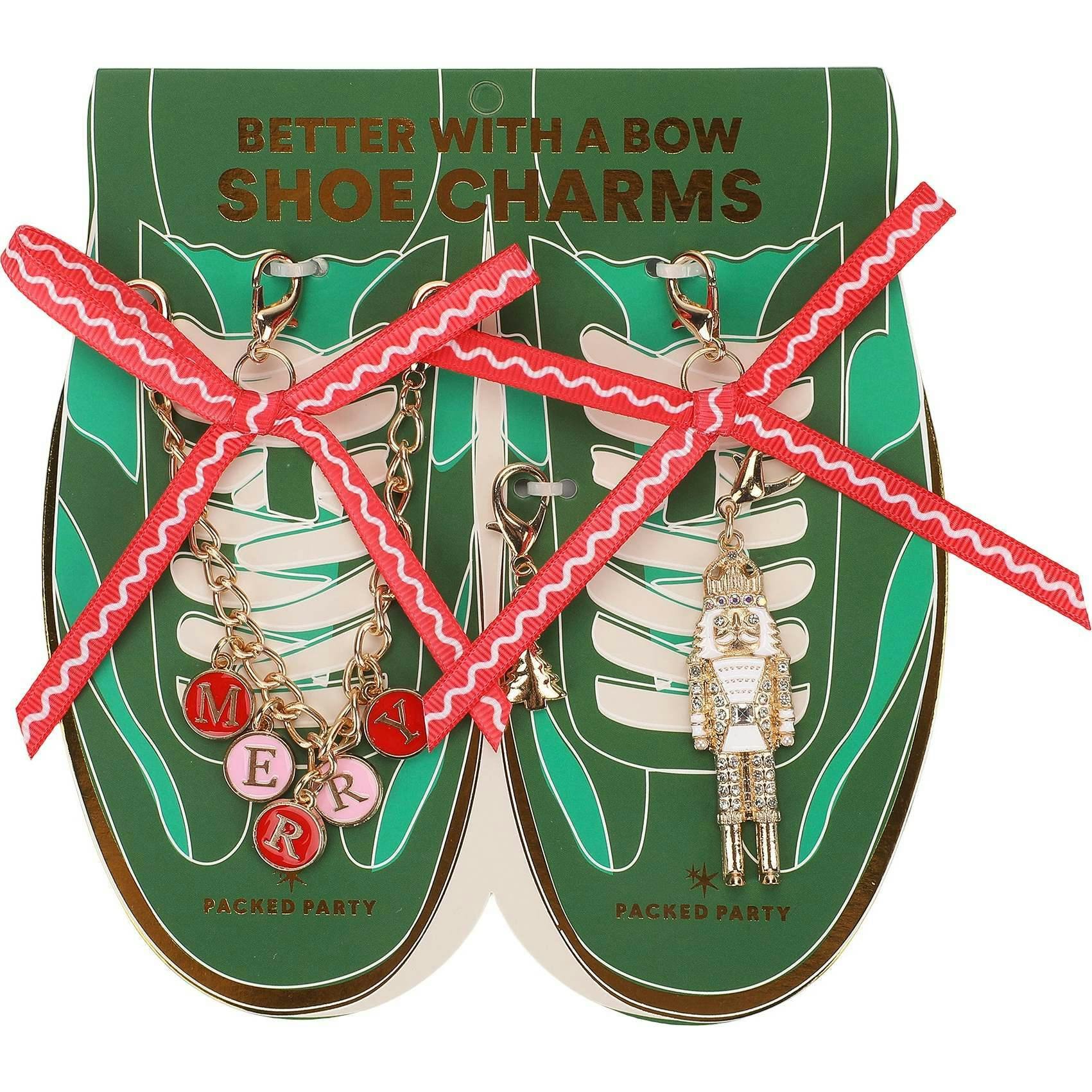 Packed Party Holiday Christmas Shoe Charm Set 5pc - Red Rickrack Bows, Gold Nutcracker, Tree Charm, and MERRY Letter Chain for Festive Sneakers