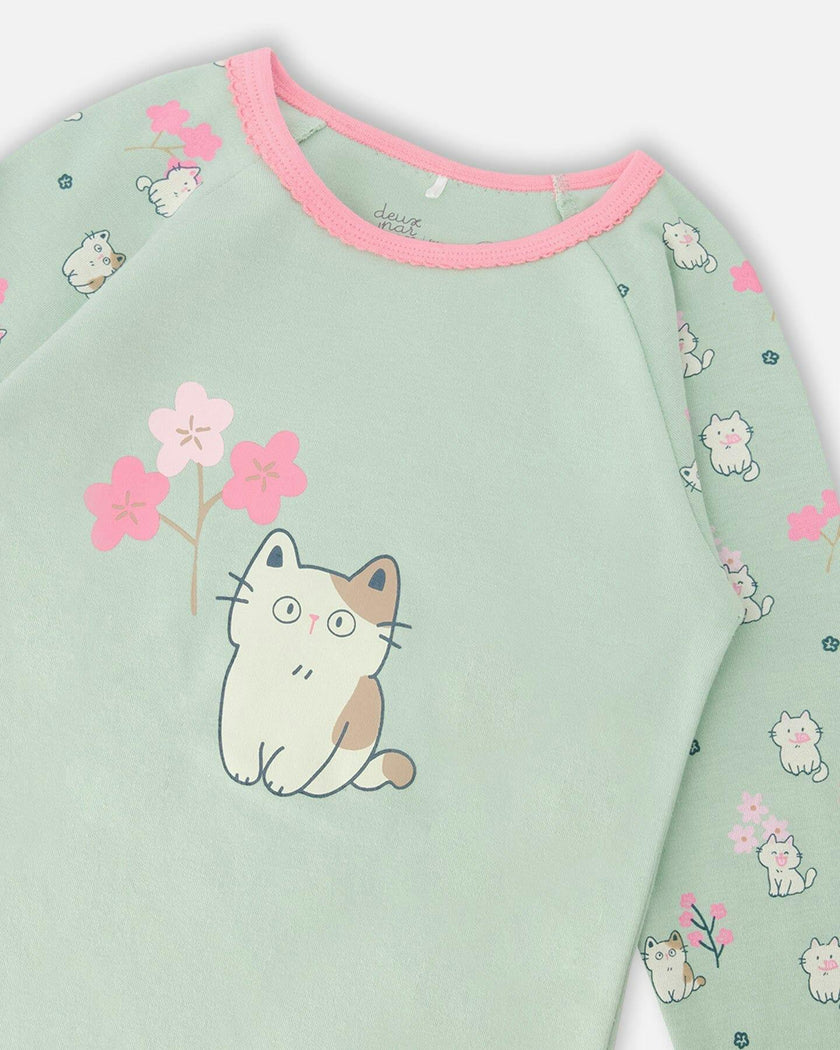 Organic Cotton Two-Piece Pyjama Set Green Kitten Print