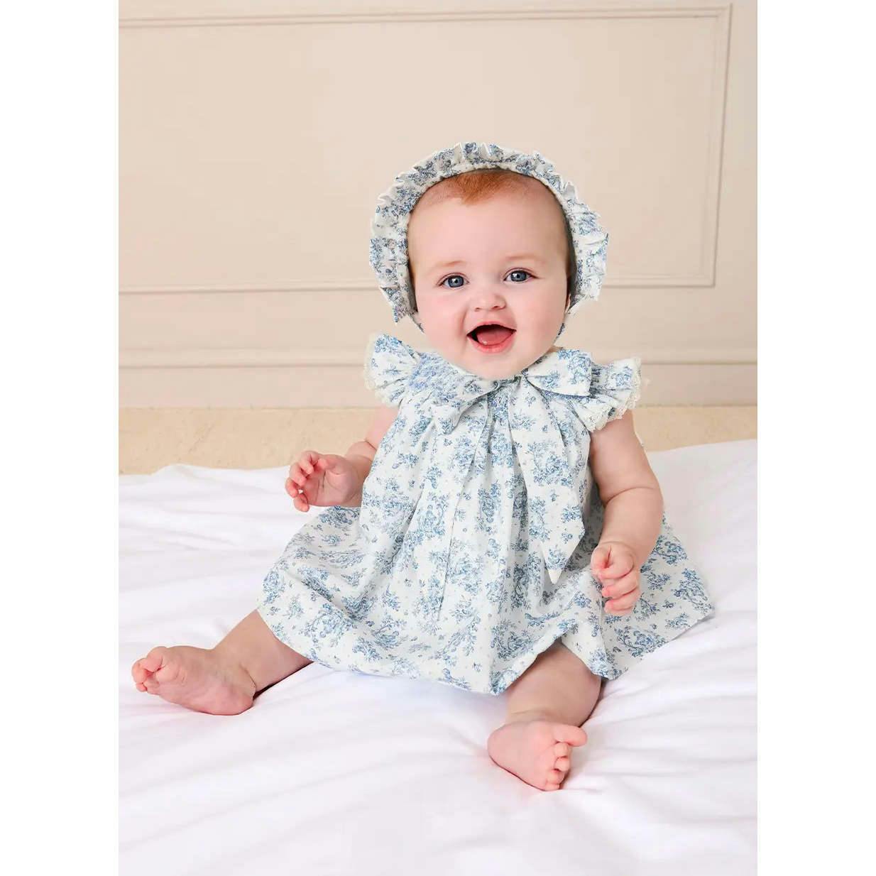 Audrey Toile Capped Sleeve Hand Smocked Dress with Bloomers in Blue (3-12mths)
