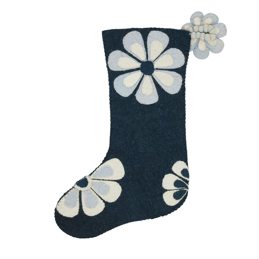 Hand Felted Wool Christmas Stocking - Flower Power Blue