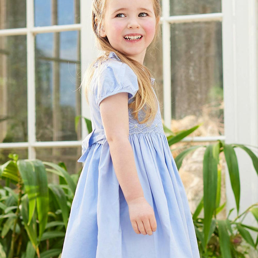 Willow Rose Hand Smocked Dress in Cornflower Blue