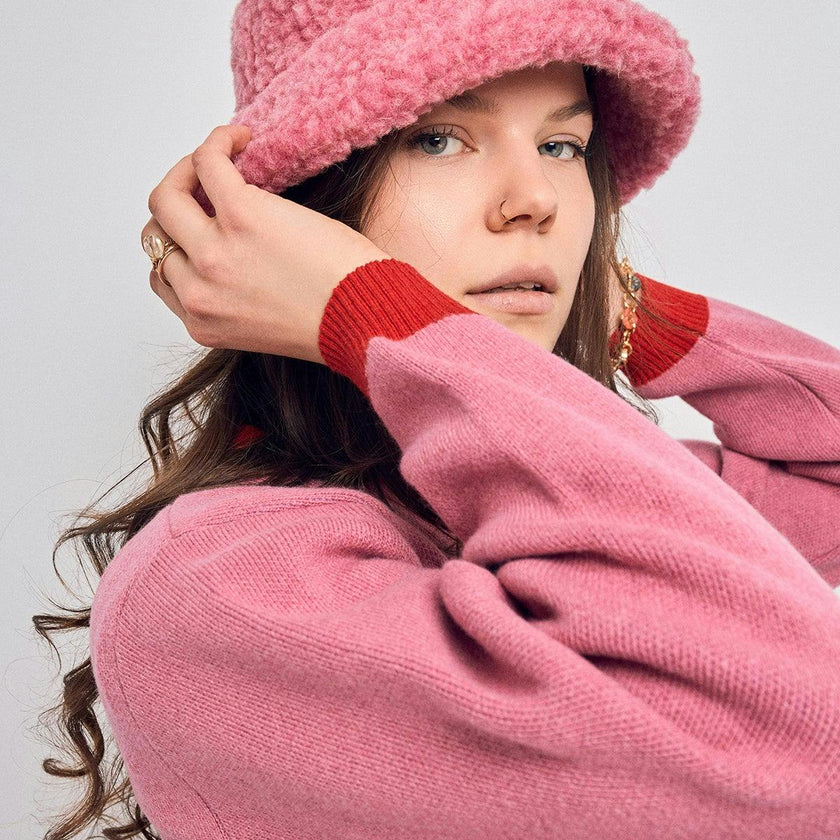 adult merino wool bucket hat - dusty pink + red