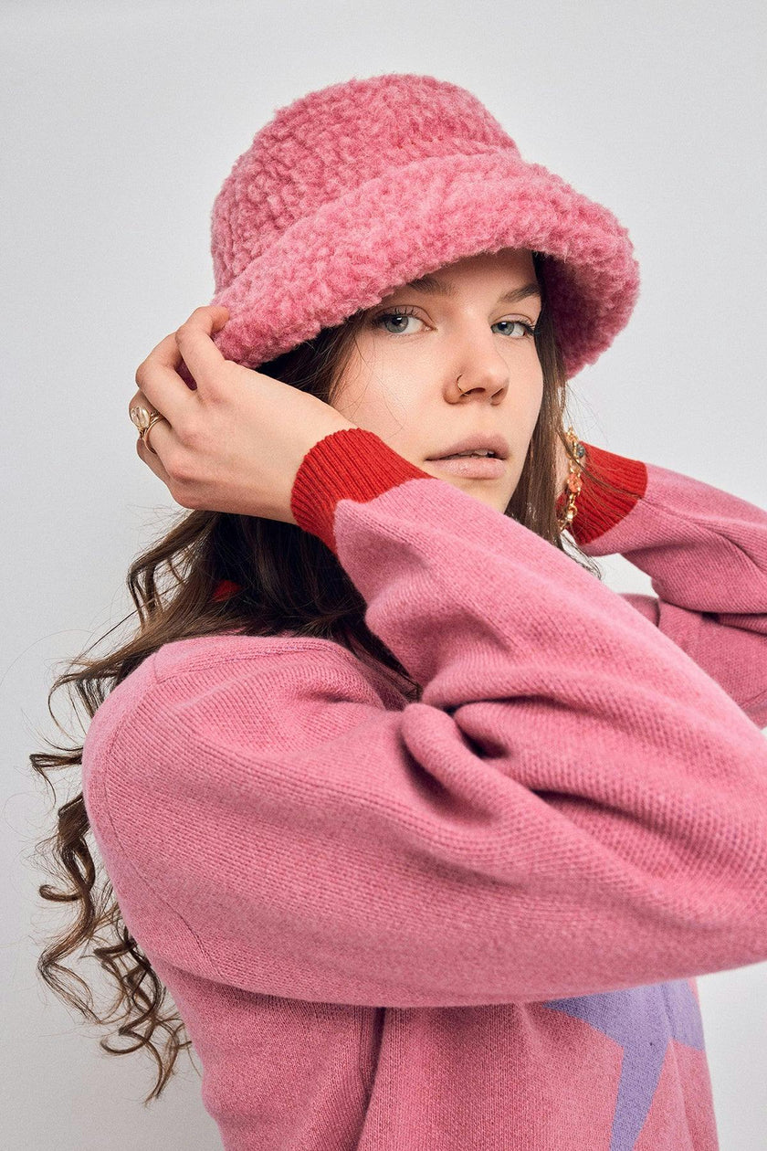 adult merino wool bucket hat - dusty pink + red